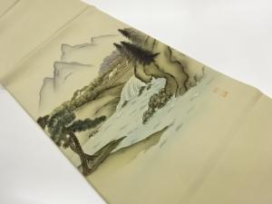 作家物　塩瀬手描き時代風景模様開き名古屋帯(額縁仕立て)
